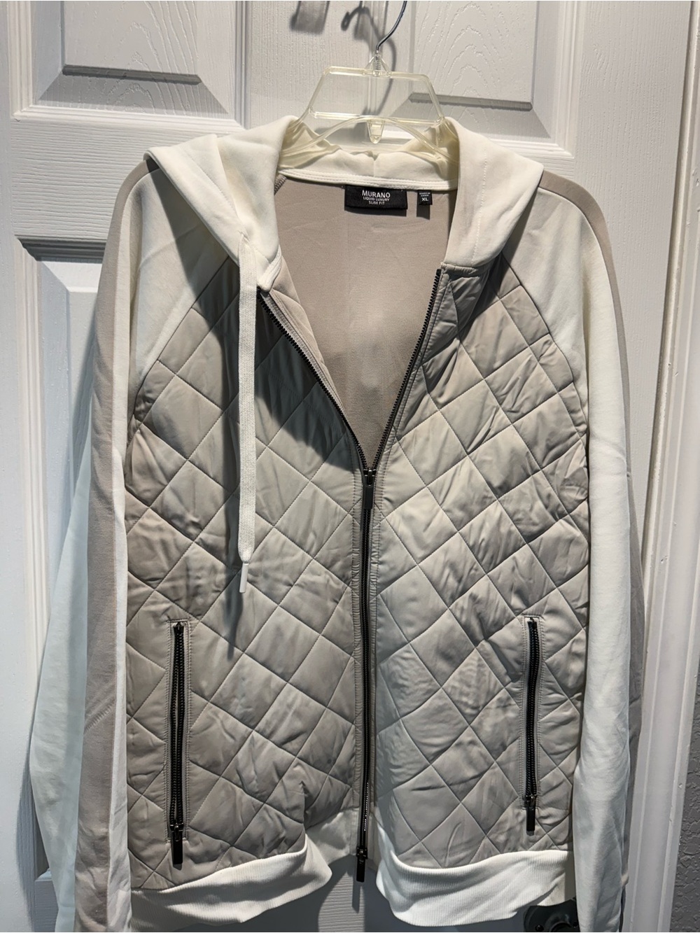 Men’s Murano Quilted Hooded Bomber Jacket in Light Gray and White